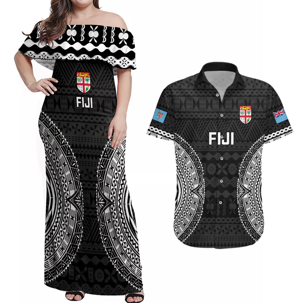 Fiji Rugby Couples Matching Off Shoulder Maxi Dress and Hawaiian Shirt 2023 Fijian Tapa Pattern World Cup Black LT14 Black - Polynesian Pride