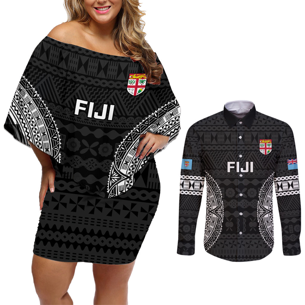 Fiji Rugby Couples Matching Off Shoulder Short Dress and Long Sleeve Button Shirts 2023 Fijian Tapa Pattern World Cup Black LT14 Black - Polynesian Pride