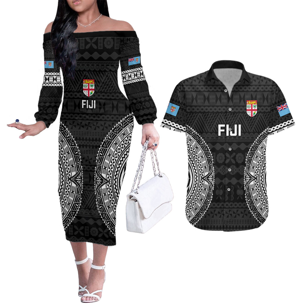 Fiji Rugby Couples Matching Off The Shoulder Long Sleeve Dress and Hawaiian Shirt 2023 Fijian Tapa Pattern World Cup Black LT14 Black - Polynesian Pride