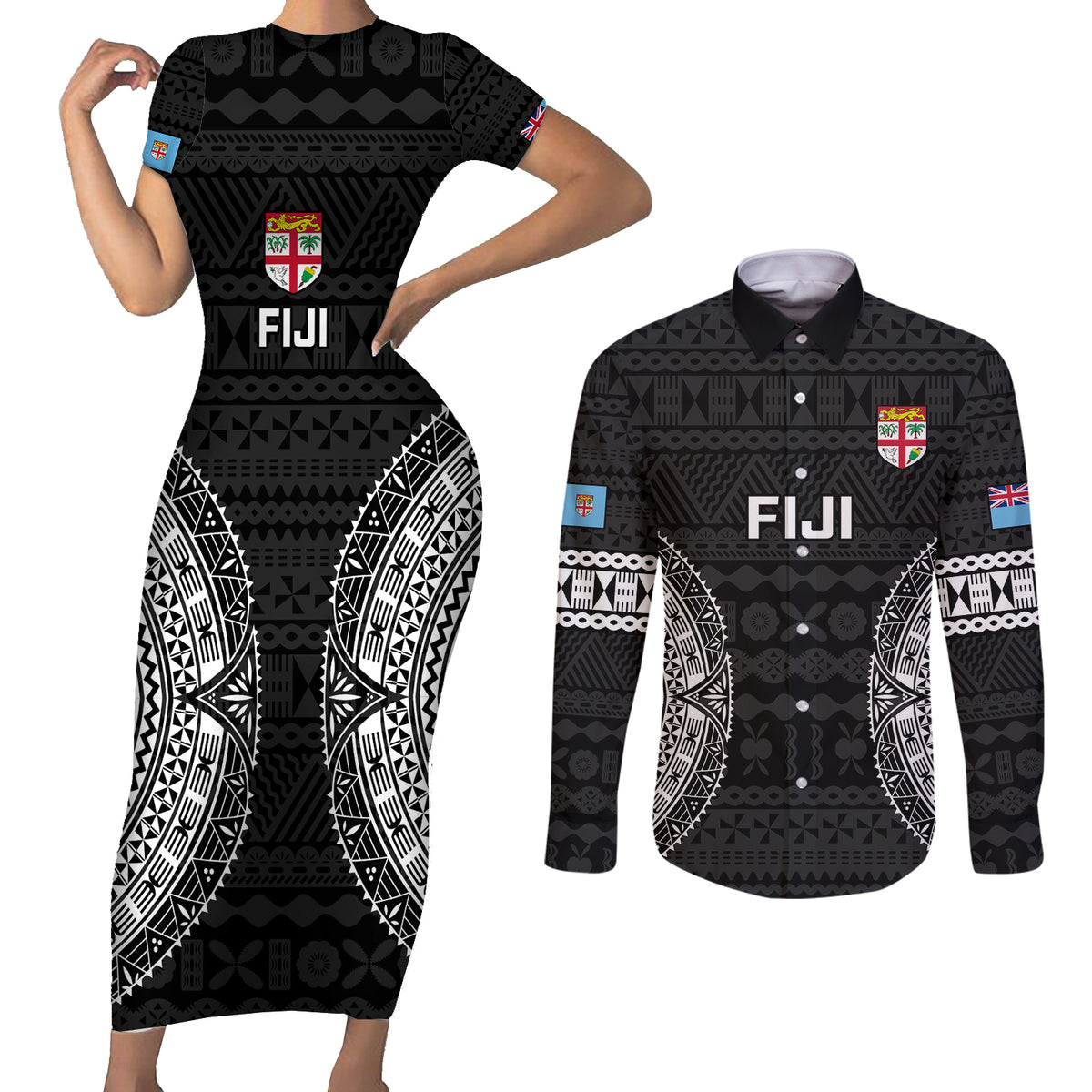 Fiji Rugby Couples Matching Short Sleeve Bodycon Dress and Long Sleeve Button Shirts 2023 Fijian Tapa Pattern World Cup Black LT14 Black - Polynesian Pride