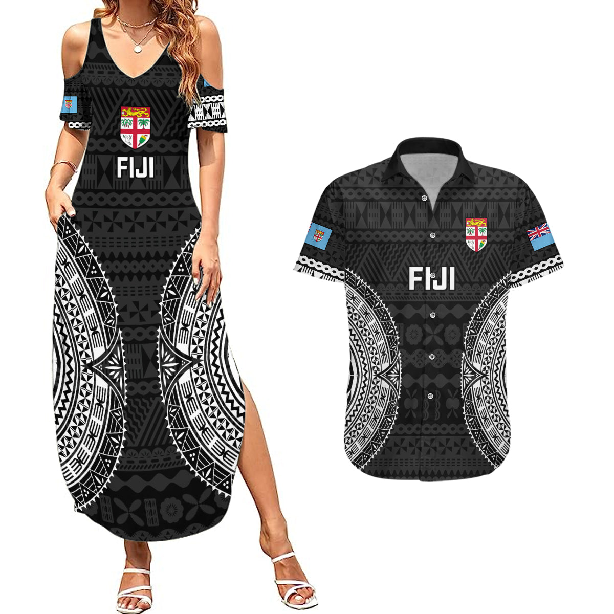 Fiji Rugby Couples Matching Summer Maxi Dress and Hawaiian Shirt 2023 Fijian Tapa Pattern World Cup Black LT14 Black - Polynesian Pride