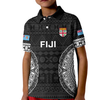 Fiji Rugby Kid Polo Shirt 2023 Fijian Tapa Pattern World Cup Black LT14 Kid Black - Polynesian Pride