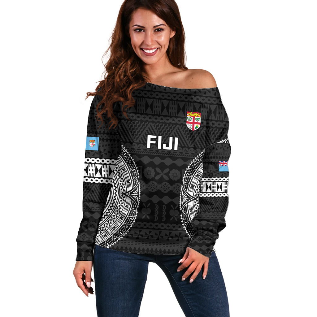 Fiji Rugby Off Shoulder Sweater 2023 Fijian Tapa Pattern World Cup Black LT14 Women Black - Polynesian Pride