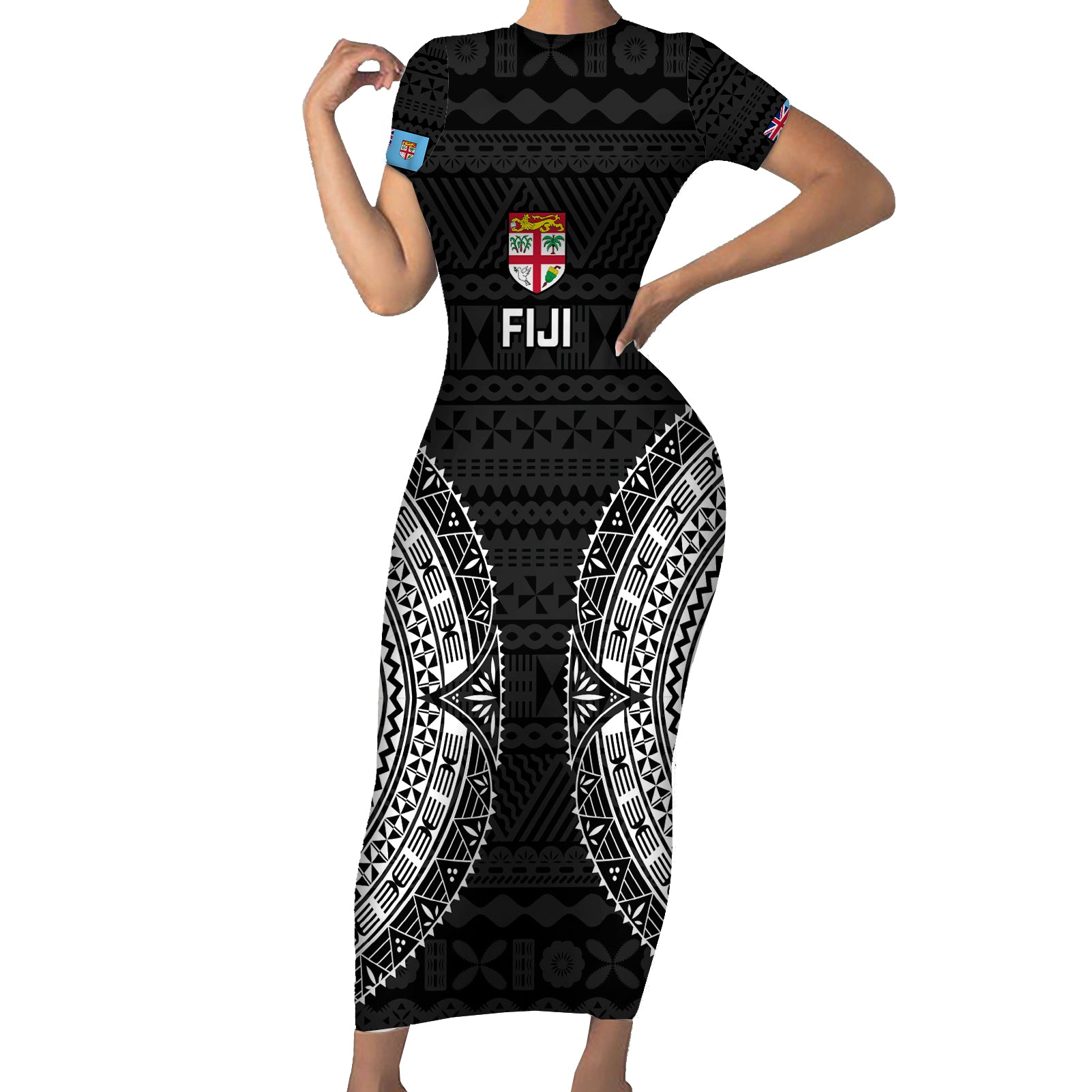 Fiji Rugby Short Sleeve Bodycon Dress 2023 Fijian Tapa Pattern World Cup Black LT14 Long Dress Black - Polynesian Pride