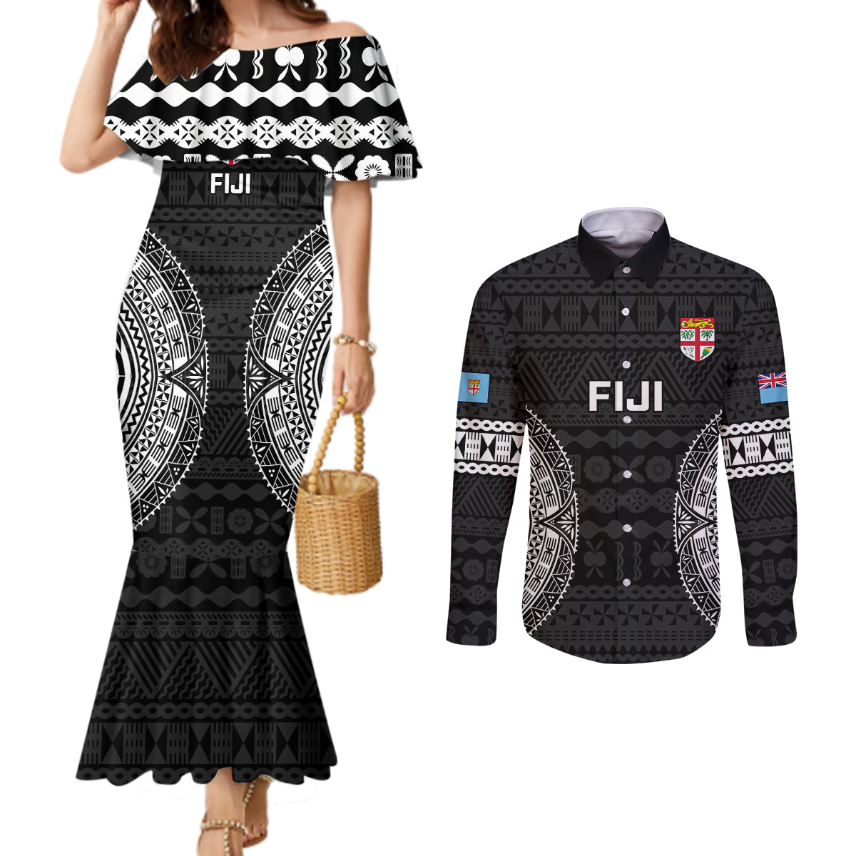 Custom Fiji Rugby Couples Matching Mermaid Dress and Long Sleeve Button Shirts 2023 Fijian Tapa Pattern World Cup Black LT14 Black - Polynesian Pride