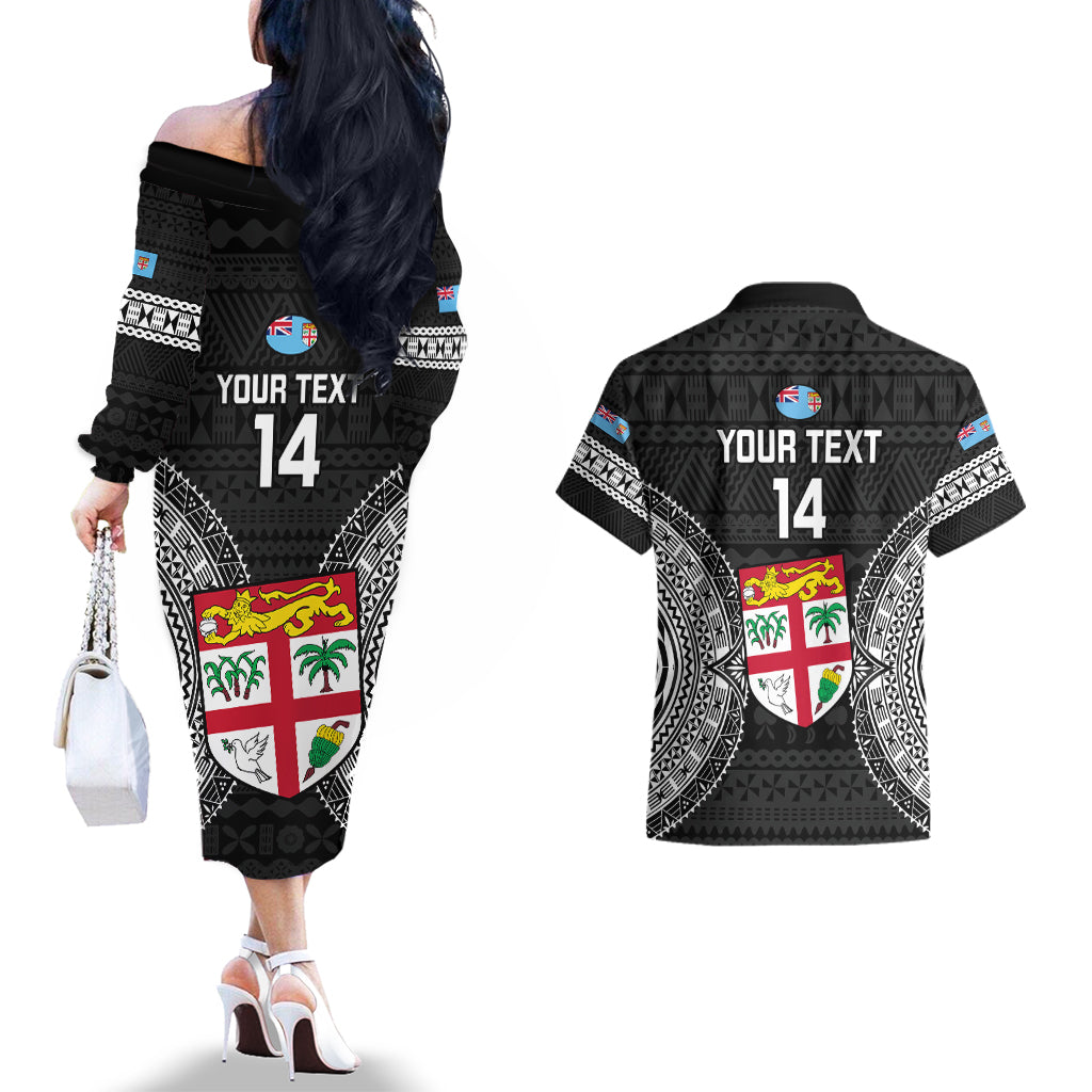 Custom Fiji Rugby Couples Matching Off The Shoulder Long Sleeve Dress and Hawaiian Shirt 2023 Fijian Tapa Pattern World Cup Black LT14 - Polynesian Pride