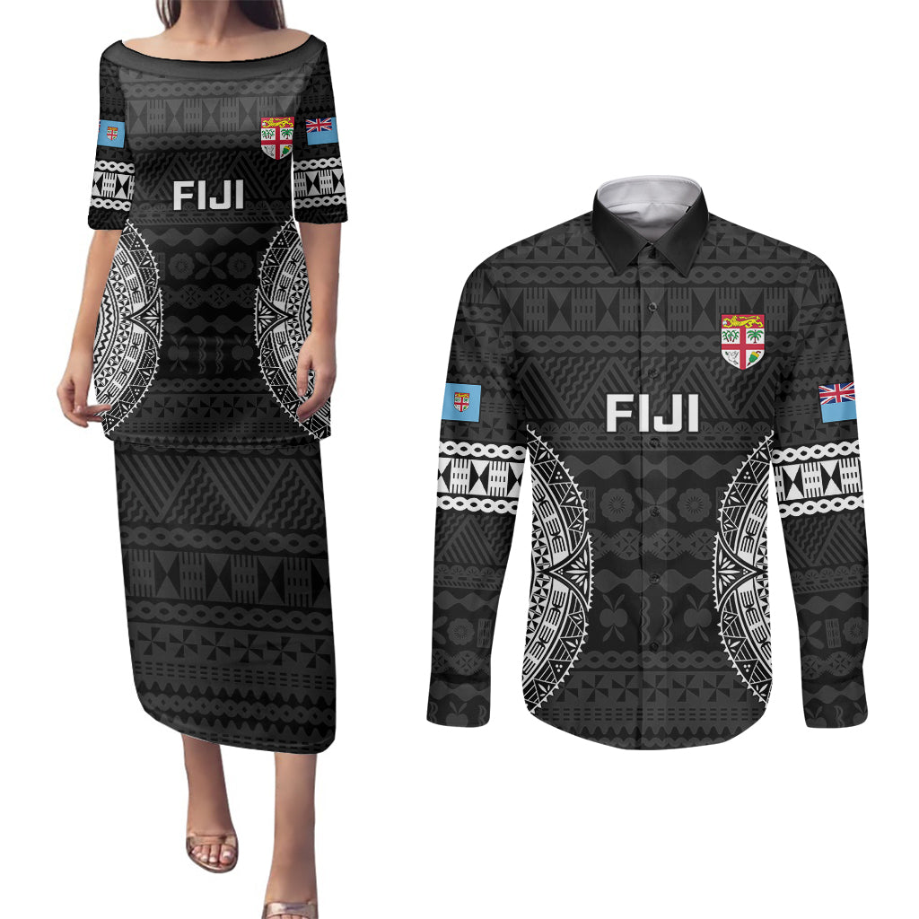 Custom Fiji Rugby Couples Matching Puletasi Dress and Long Sleeve Button Shirts 2023 Fijian Tapa Pattern World Cup Black LT14 Black - Polynesian Pride