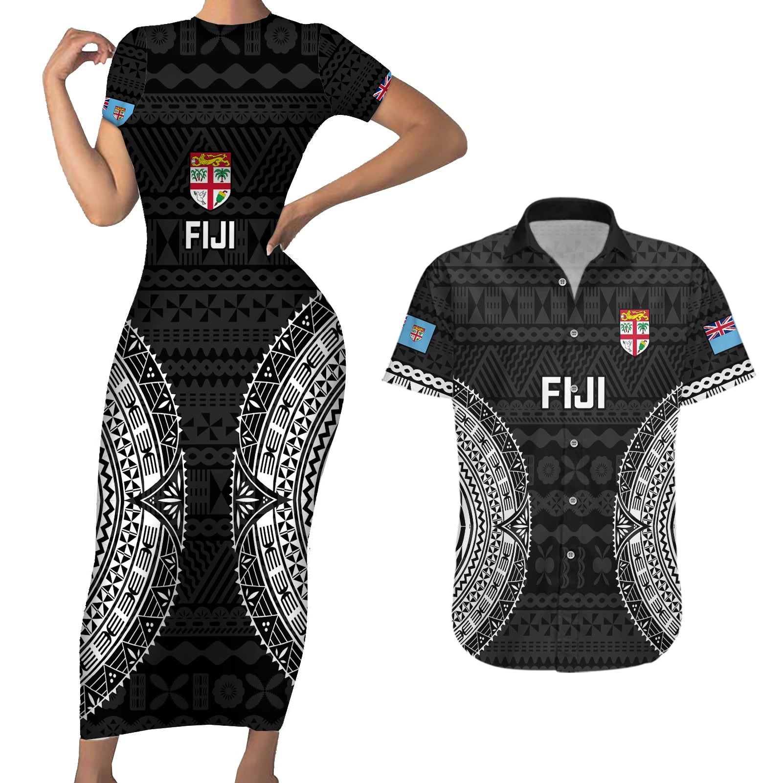 Custom Fiji Rugby Couples Matching Short Sleeve Bodycon Dress and Hawaiian Shirt 2023 Fijian Tapa Pattern World Cup Black LT14 Black - Polynesian Pride