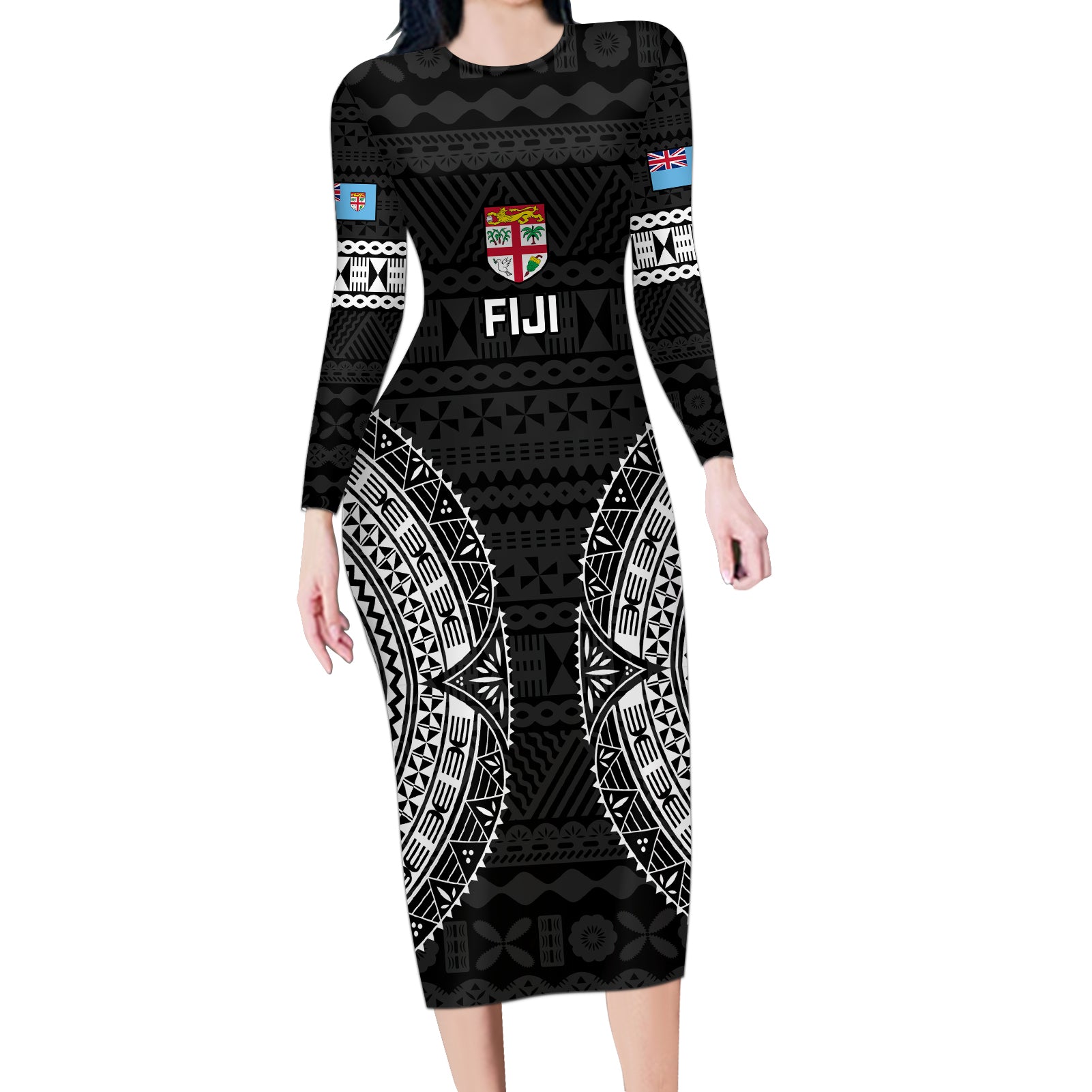 Custom Fiji Rugby Long Sleeve Bodycon Dress 2023 Fijian Tapa Pattern World Cup Black LT14 Long Dress Black - Polynesian Pride