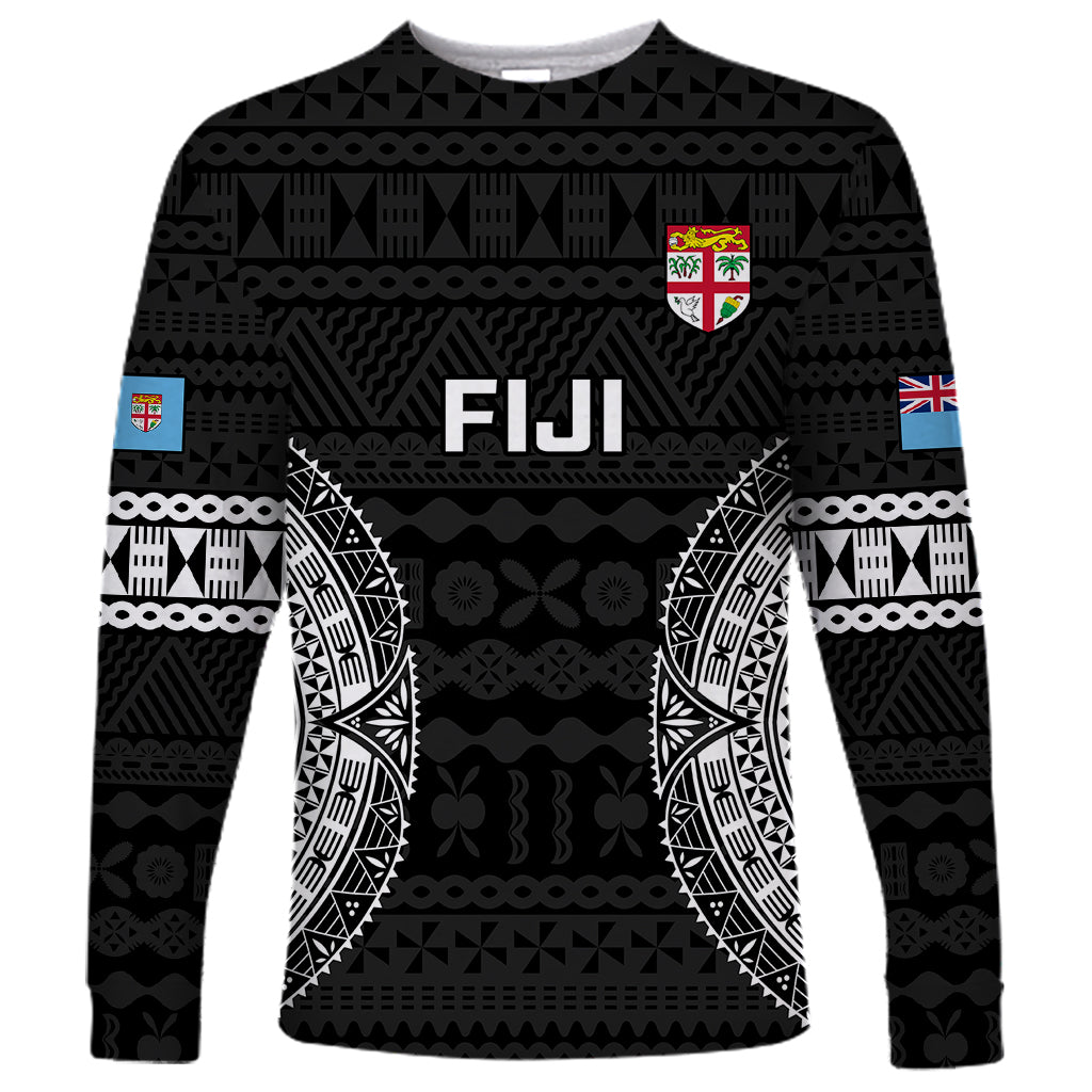 Custom Fiji Rugby Long Sleeve Shirt 2023 Fijian Tapa Pattern World Cup Black LT14 Unisex Black - Polynesian Pride