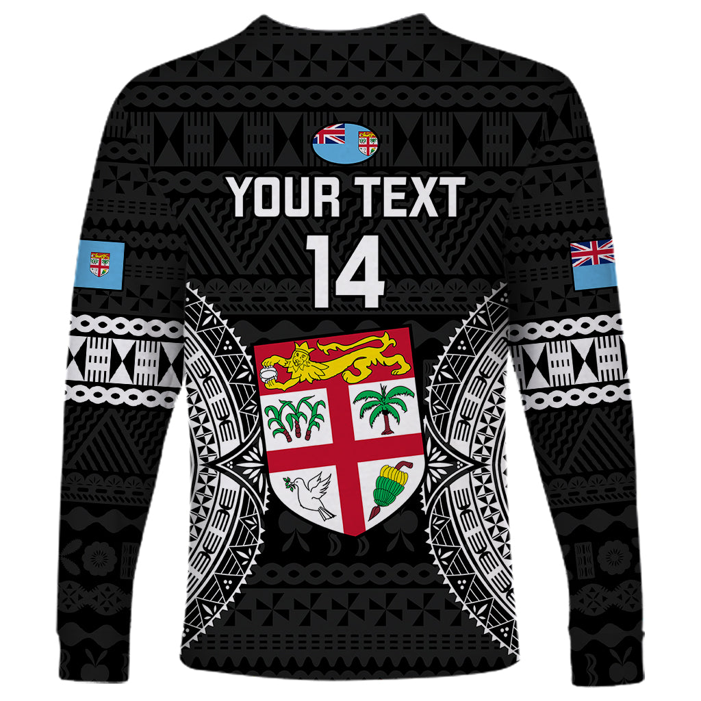 Custom Fiji Rugby Long Sleeve Shirt 2023 Fijian Tapa Pattern World Cup Black LT14 - Polynesian Pride