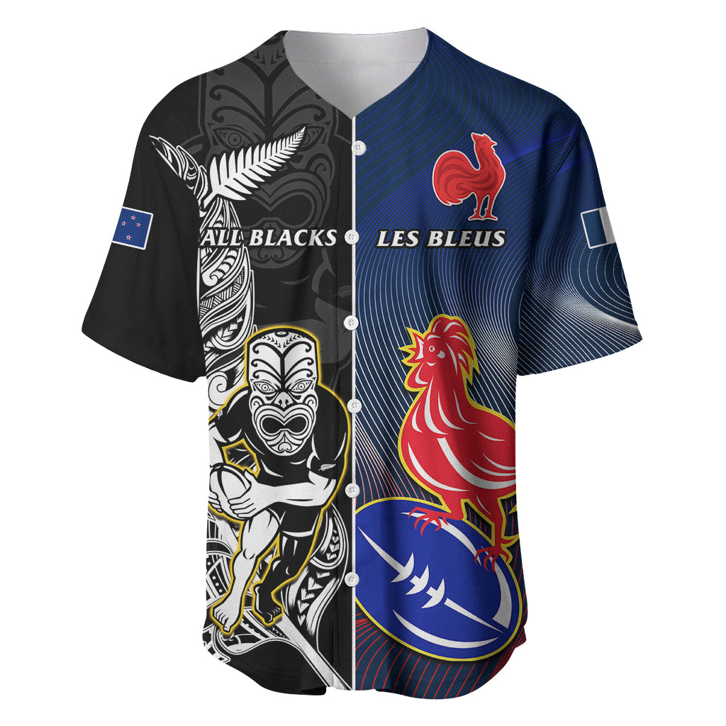 New Zealand And France Rugby Baseball Jersey All Black With Les Bleus Together 2023 World Cup LT14 Black - Polynesian Pride