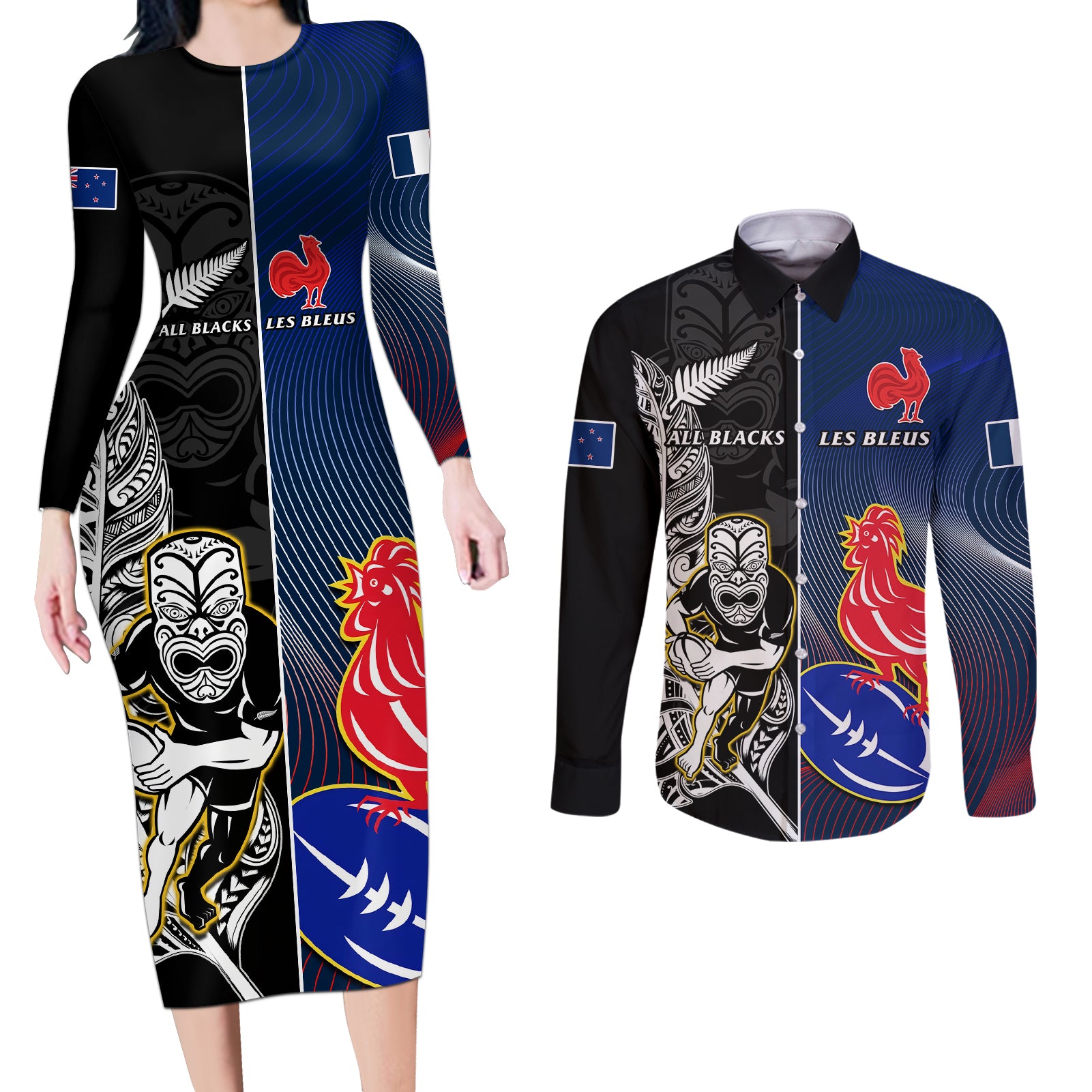 New Zealand And France Rugby Couples Matching Long Sleeve Bodycon Dress and Long Sleeve Button Shirts All Black With Les Bleus Together 2023 World Cup LT14 Black - Polynesian Pride