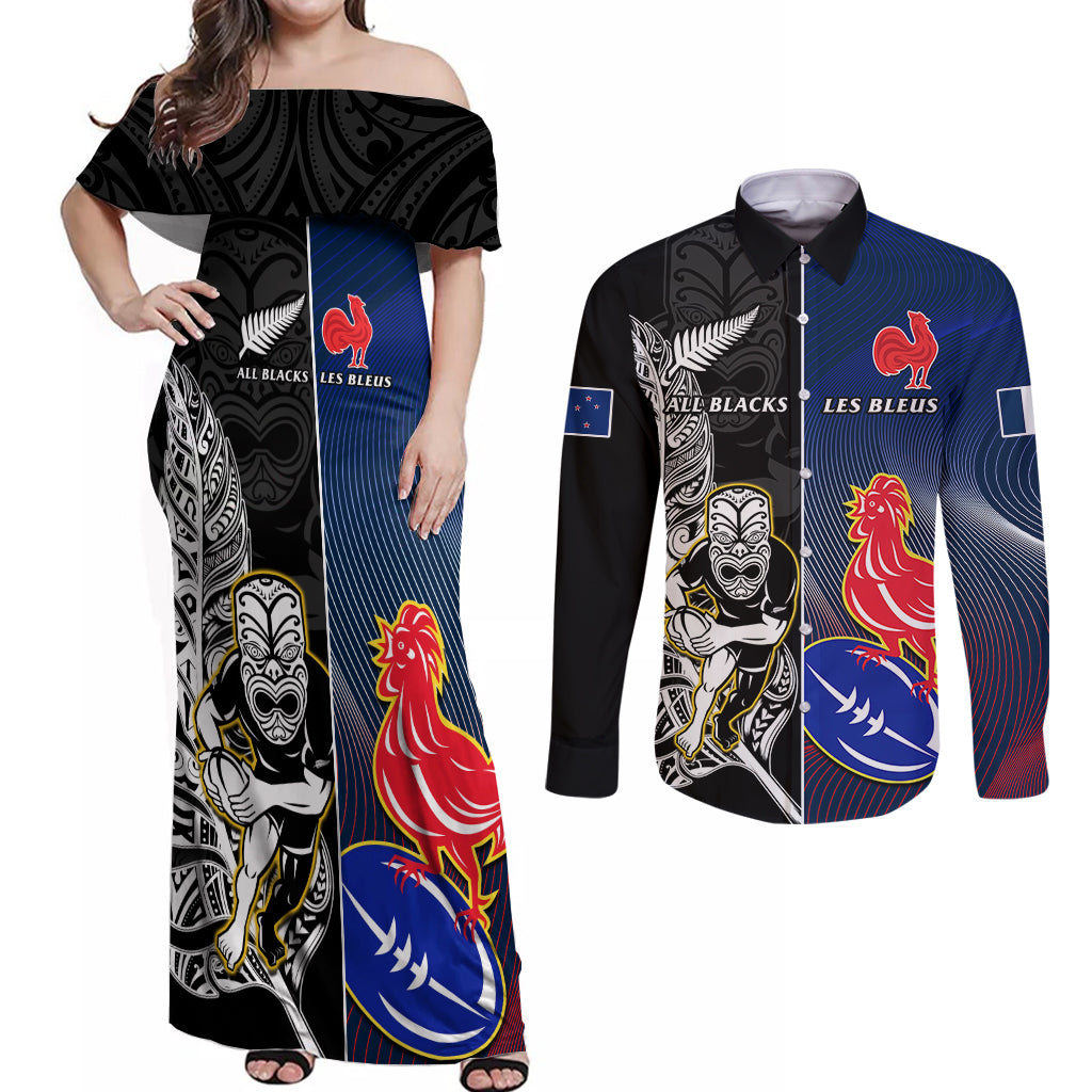 New Zealand And France Rugby Couples Matching Off Shoulder Maxi Dress and Long Sleeve Button Shirts All Black With Les Bleus Together 2023 World Cup LT14 Black - Polynesian Pride