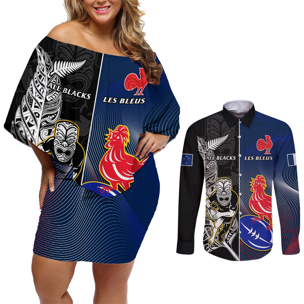 New Zealand And France Rugby Couples Matching Off Shoulder Short Dress and Long Sleeve Button Shirts All Black With Les Bleus Together 2023 World Cup LT14 Black - Polynesian Pride