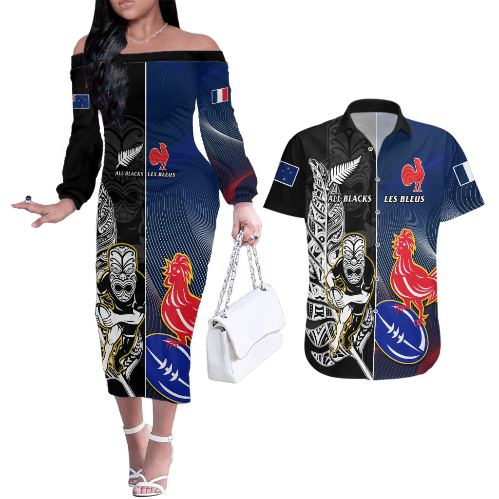 New Zealand And France Rugby Couples Matching Off The Shoulder Long Sleeve Dress and Hawaiian Shirt All Black With Les Bleus Together 2023 World Cup LT14 Black - Polynesian Pride