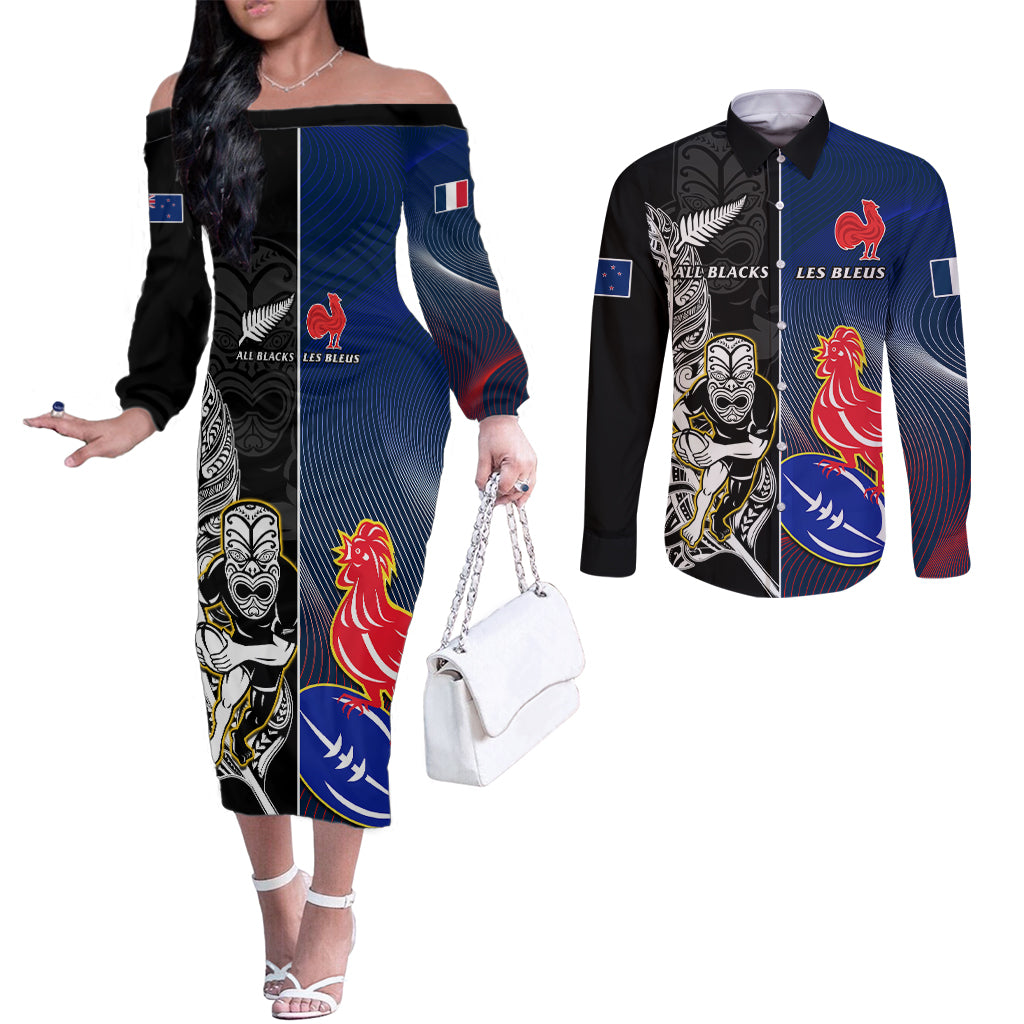 New Zealand And France Rugby Couples Matching Off The Shoulder Long Sleeve Dress and Long Sleeve Button Shirts All Black With Les Bleus Together 2023 World Cup LT14 Black - Polynesian Pride