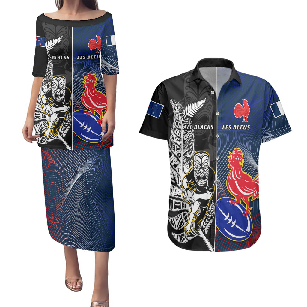 New Zealand And France Rugby Couples Matching Puletasi Dress and Hawaiian Shirt All Black With Les Bleus Together 2023 World Cup LT14 Black - Polynesian Pride