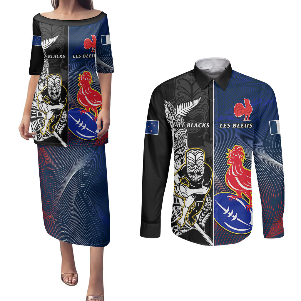 New Zealand And France Rugby Couples Matching Puletasi Dress and Long Sleeve Button Shirts All Black With Les Bleus Together 2023 World Cup LT14 Black - Polynesian Pride