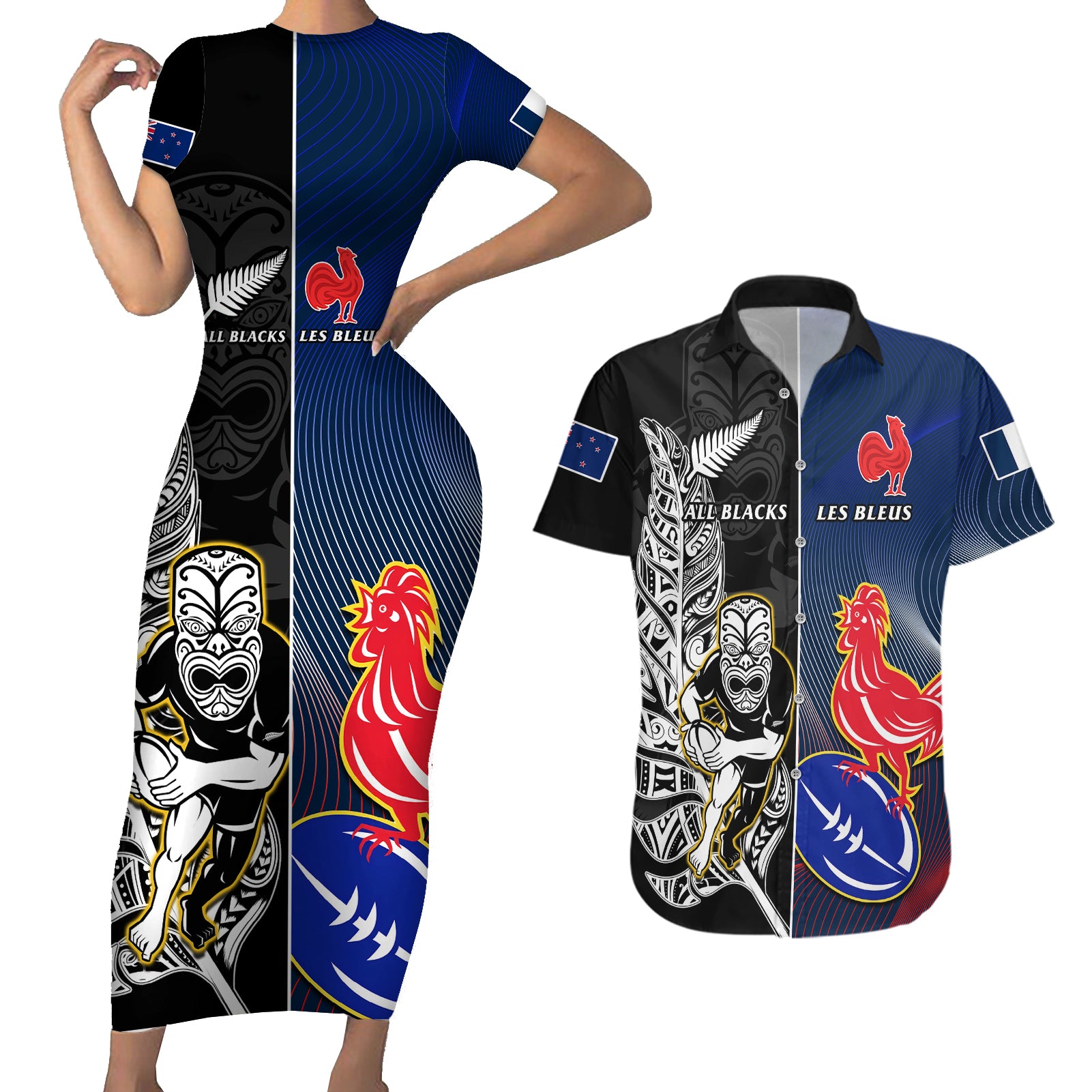 New Zealand And France Rugby Couples Matching Short Sleeve Bodycon Dress and Hawaiian Shirt All Black With Les Bleus Together 2023 World Cup LT14 Black - Polynesian Pride