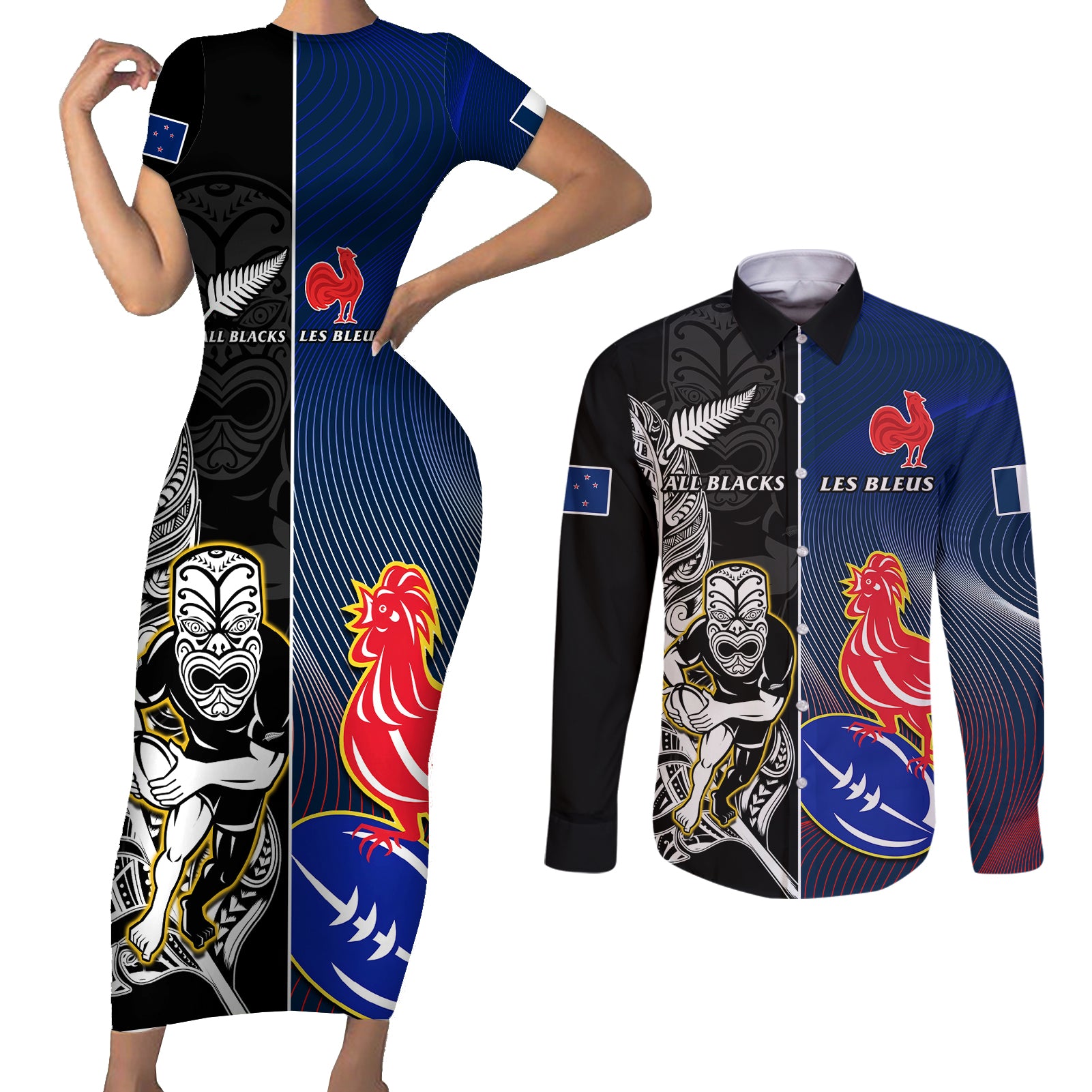 New Zealand And France Rugby Couples Matching Short Sleeve Bodycon Dress and Long Sleeve Button Shirts All Black With Les Bleus Together 2023 World Cup LT14 Black - Polynesian Pride