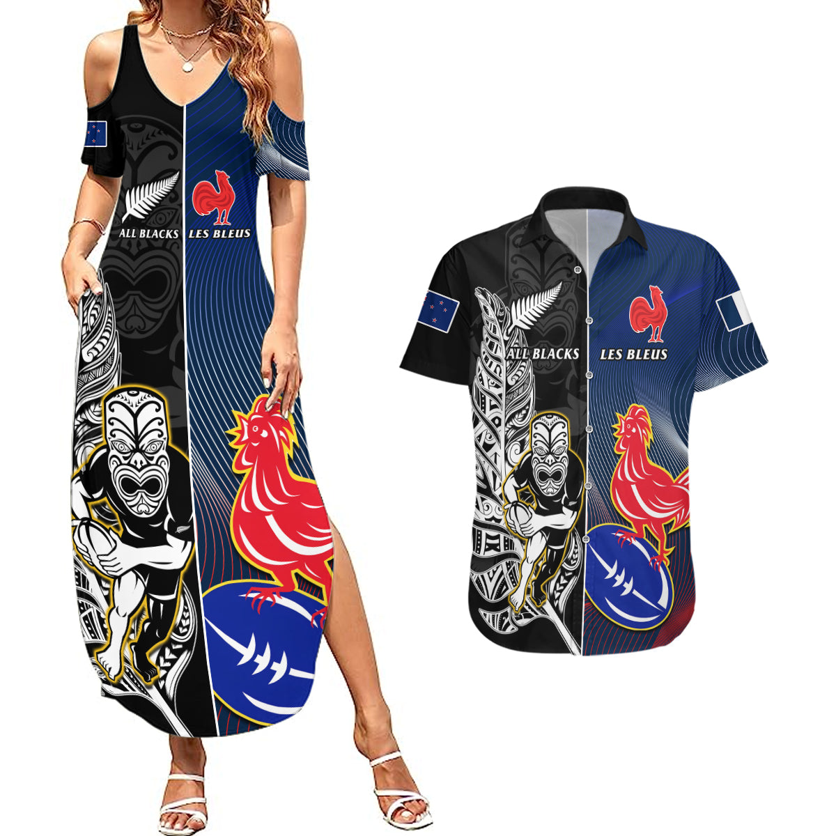 New Zealand And France Rugby Couples Matching Summer Maxi Dress and Hawaiian Shirt All Black With Les Bleus Together 2023 World Cup LT14 Black - Polynesian Pride