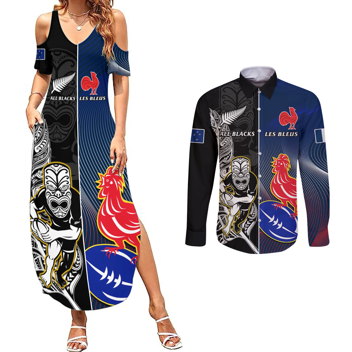 New Zealand And France Rugby Couples Matching Summer Maxi Dress and Long Sleeve Button Shirts All Black With Les Bleus Together 2023 World Cup LT14 Black - Polynesian Pride