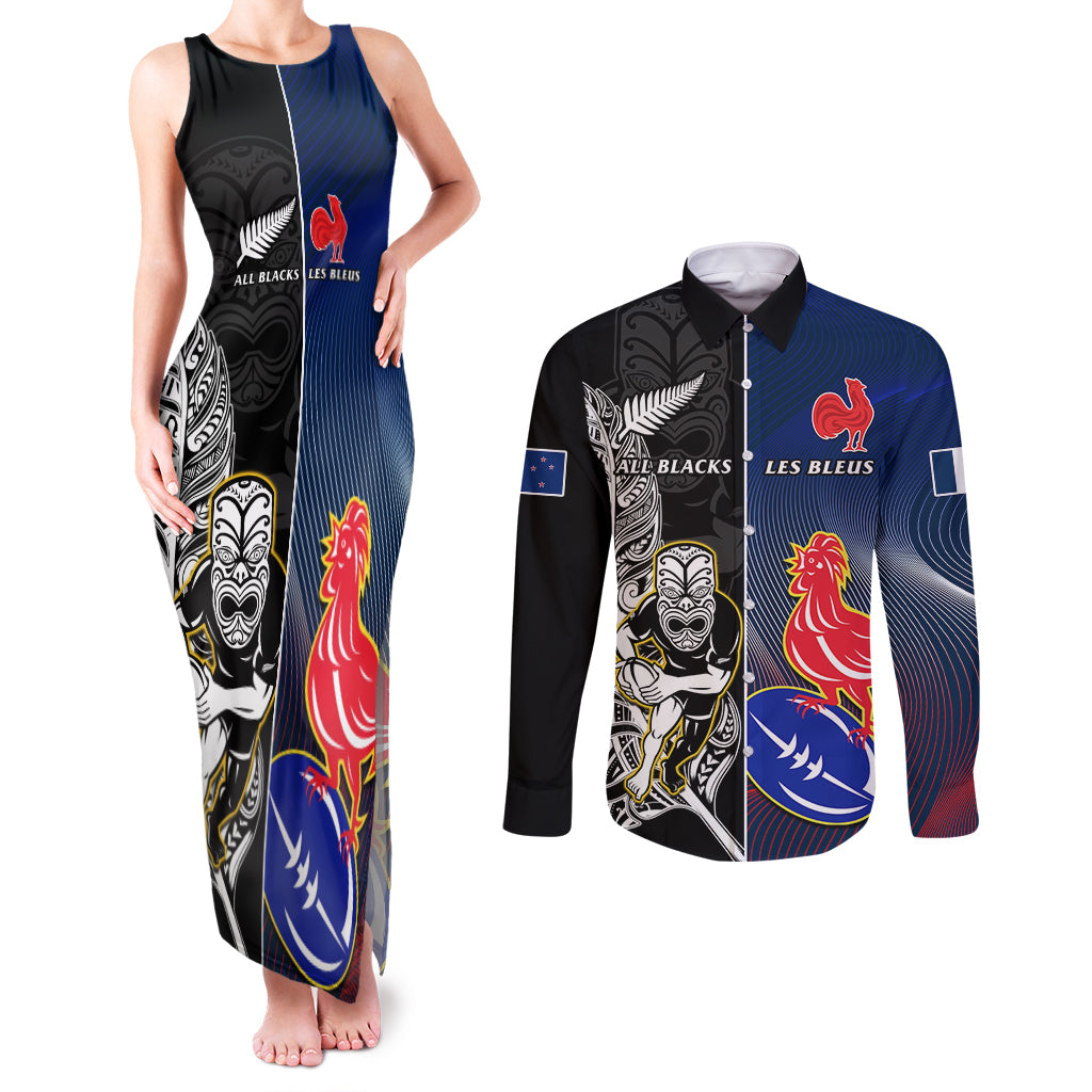 New Zealand And France Rugby Couples Matching Tank Maxi Dress and Long Sleeve Button Shirts All Black With Les Bleus Together 2023 World Cup LT14 Black - Polynesian Pride