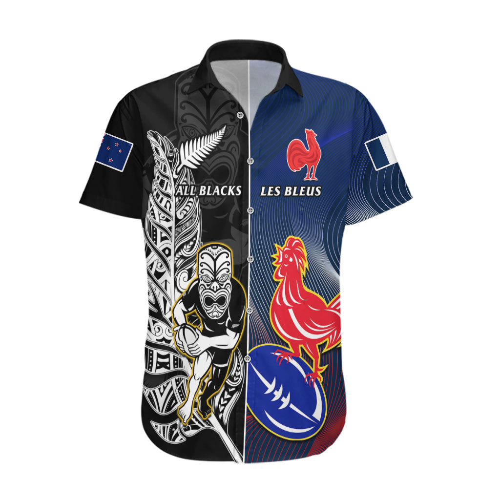 New Zealand And France Rugby Hawaiian Shirt All Black With Les Bleus Together 2023 World Cup LT14 Black - Polynesian Pride