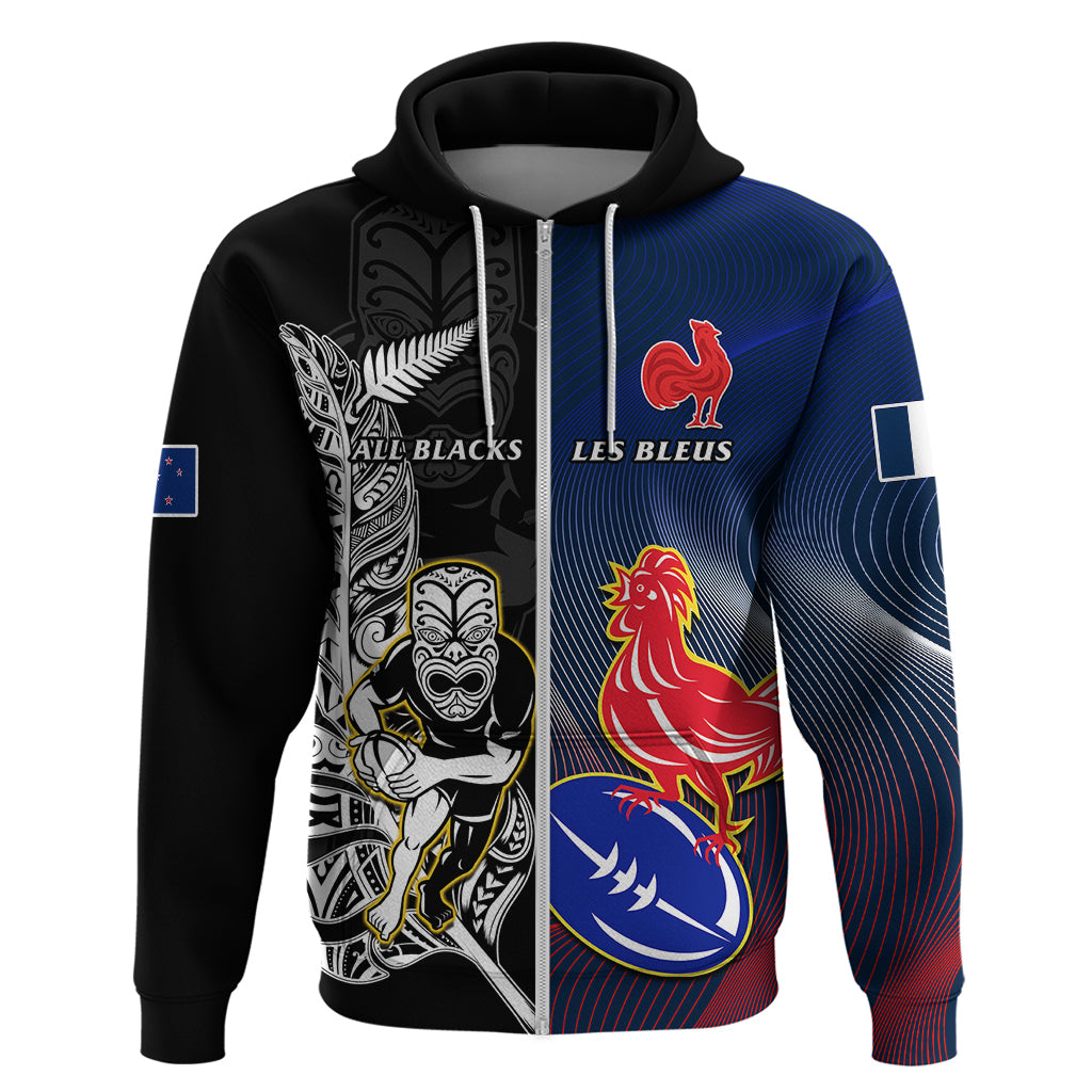 New Zealand And France Rugby Hoodie All Black With Les Bleus Together 2023 World Cup LT14 - Polynesian Pride