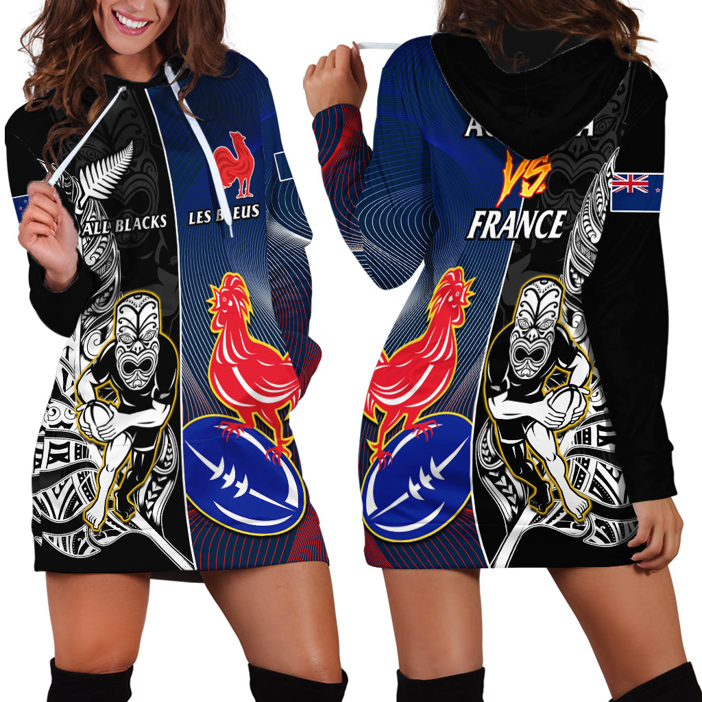 New Zealand And France Rugby Hoodie Dress All Black With Les Bleus Together 2023 World Cup LT14 - Polynesian Pride