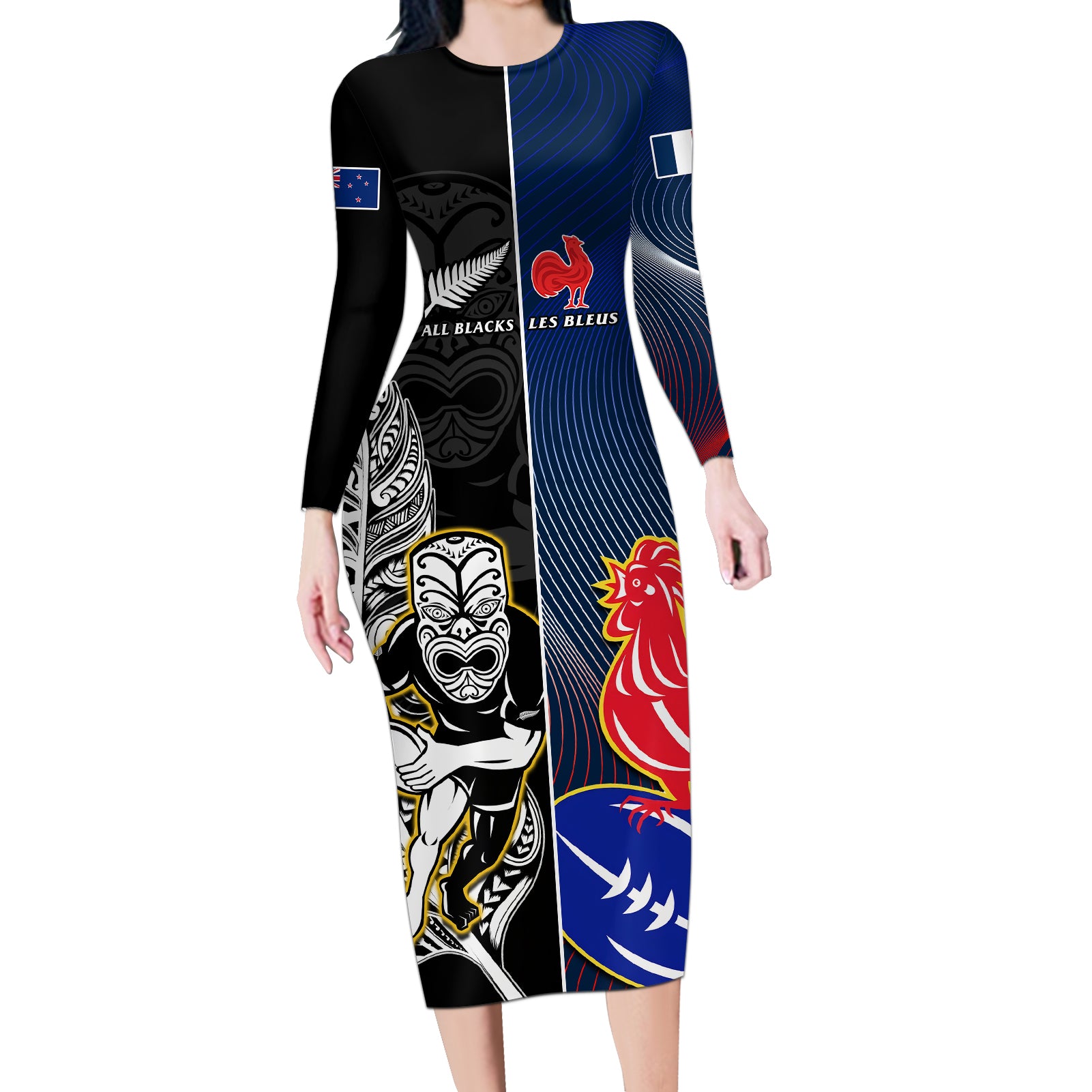 New Zealand And France Rugby Long Sleeve Bodycon Dress All Black With Les Bleus Together 2023 World Cup LT14 Long Dress Black - Polynesian Pride