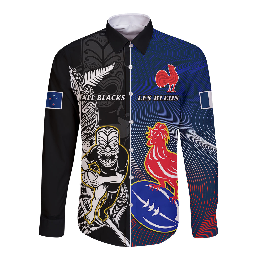 New Zealand And France Rugby Long Sleeve Button Shirt All Black With Les Bleus Together 2023 World Cup LT14 Unisex Black - Polynesian Pride