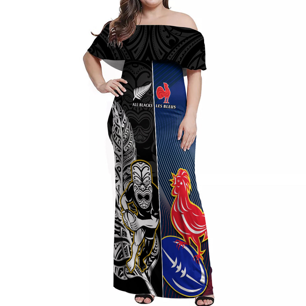 New Zealand And France Rugby Off Shoulder Maxi Dress All Black With Les Bleus Together 2023 World Cup LT14 Women Black - Polynesian Pride