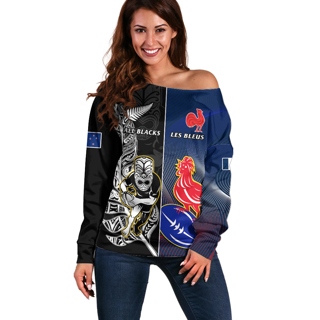 New Zealand And France Rugby Off Shoulder Sweater All Black With Les Bleus Together 2023 World Cup LT14 Women Black - Polynesian Pride