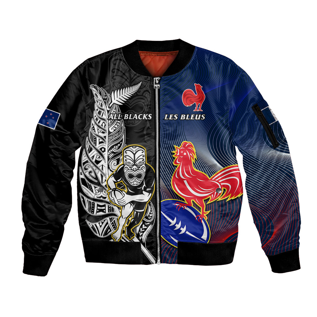 New Zealand And France Rugby Sleeve Zip Bomber Jacket All Black With Les Bleus Together 2023 World Cup LT14 Unisex Black - Polynesian Pride