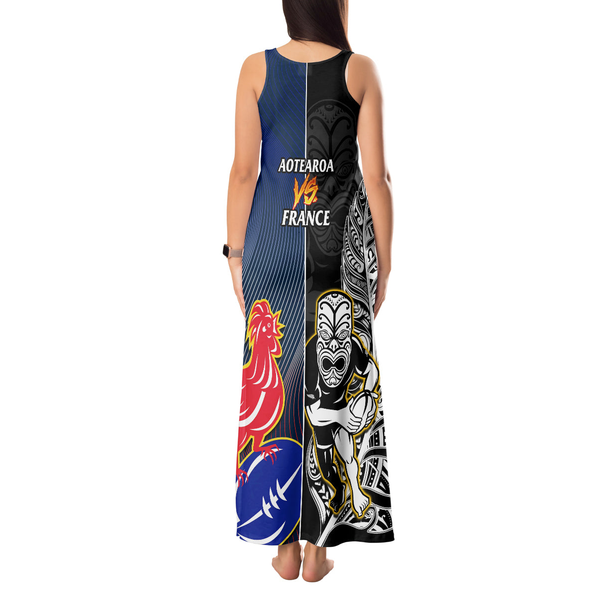 New Zealand And France Rugby Tank Maxi Dress All Black With Les Bleus Together 2023 World Cup LT14 - Polynesian Pride