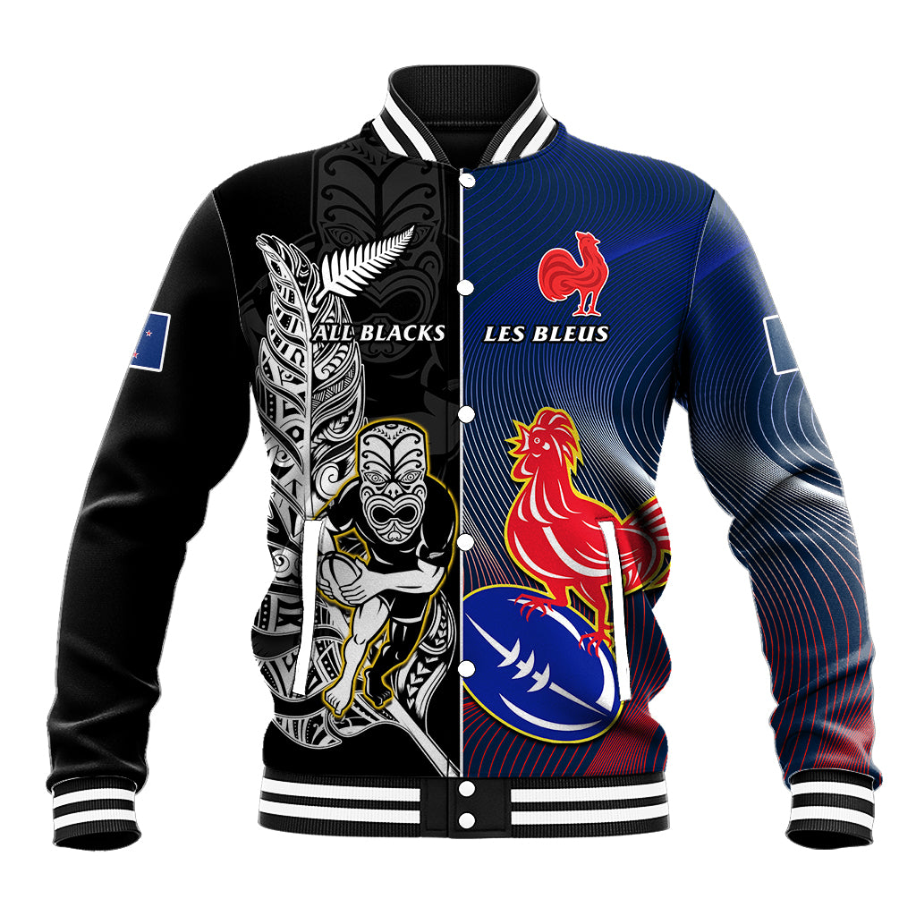 Custom New Zealand And France Rugby Baseball Jacket All Black With Les Bleus Together 2023 World Cup LT14 Unisex Black - Polynesian Pride