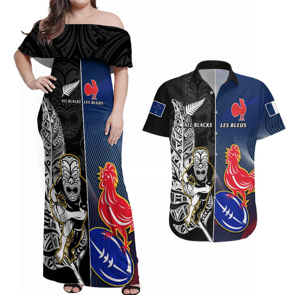 Custom New Zealand And France Rugby Couples Matching Off Shoulder Maxi Dress and Hawaiian Shirt All Black With Les Bleus Together 2023 World Cup LT14 Black - Polynesian Pride