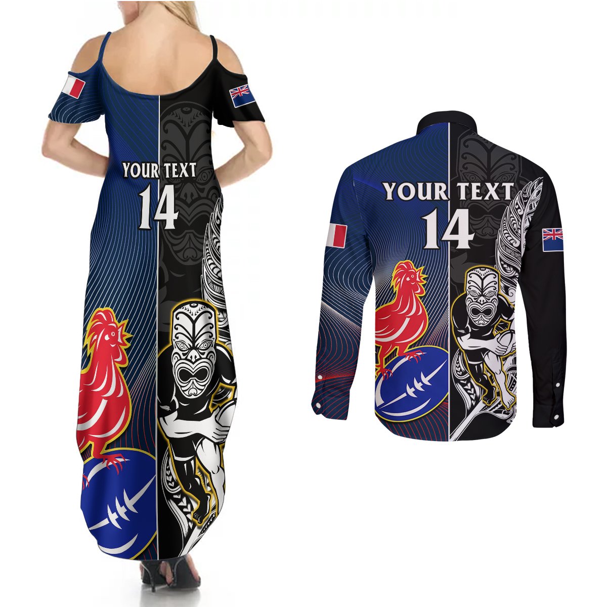 Custom New Zealand And France Rugby Couples Matching Summer Maxi Dress and Long Sleeve Button Shirts All Black With Les Bleus Together 2023 World Cup LT14 - Polynesian Pride