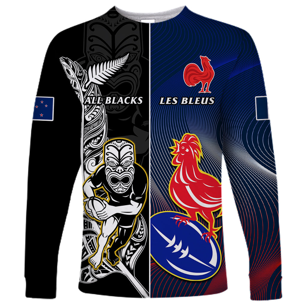 Custom New Zealand And France Rugby Long Sleeve Shirt All Black With Les Bleus Together 2023 World Cup LT14 Unisex Black - Polynesian Pride