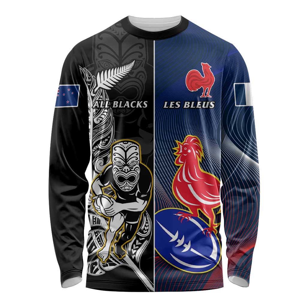 Custom New Zealand And France Rugby Long Sleeve Shirt All Black With Les Bleus Together 2023 World Cup LT14