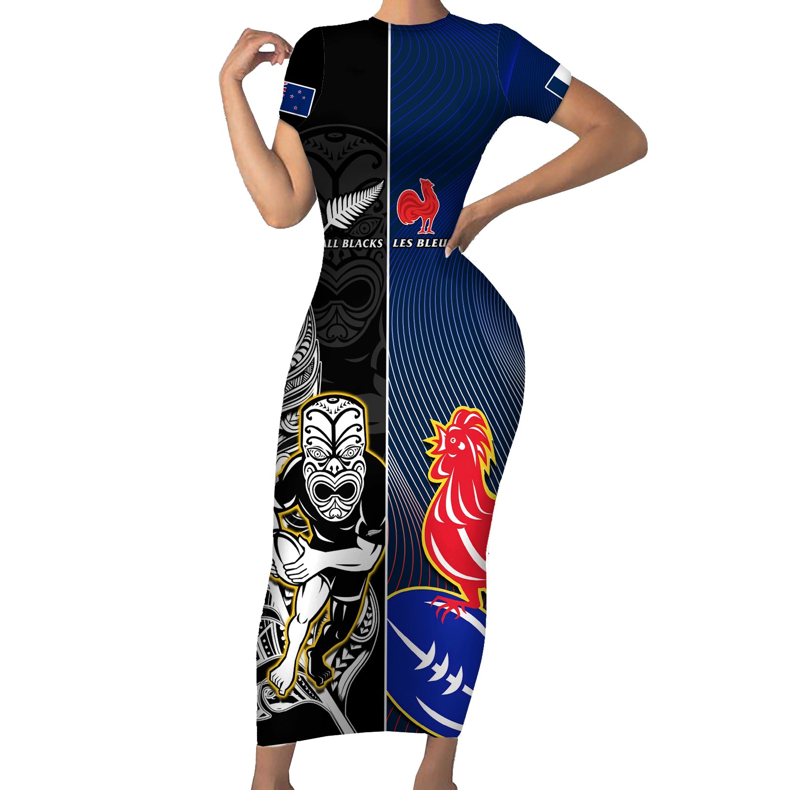 Custom New Zealand And France Rugby Short Sleeve Bodycon Dress All Black With Les Bleus Together 2023 World Cup LT14 Long Dress Black - Polynesian Pride