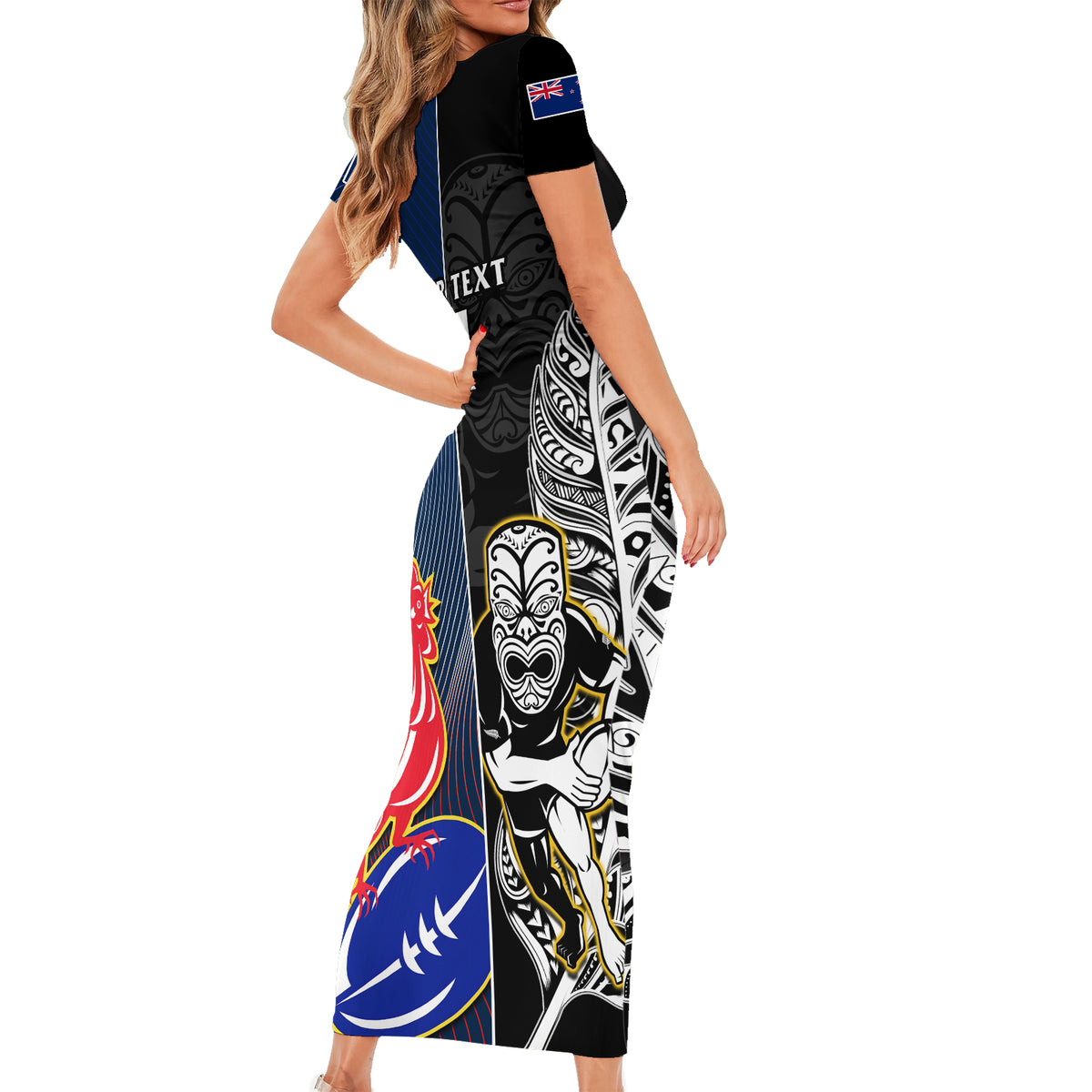 Custom New Zealand And France Rugby Short Sleeve Bodycon Dress All Black With Les Bleus Together 2023 World Cup LT14 - Polynesian Pride