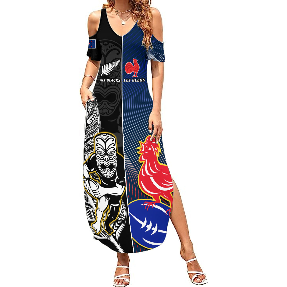 Custom New Zealand And France Rugby Summer Maxi Dress All Black With Les Bleus Together 2023 World Cup LT14 Women Black - Polynesian Pride