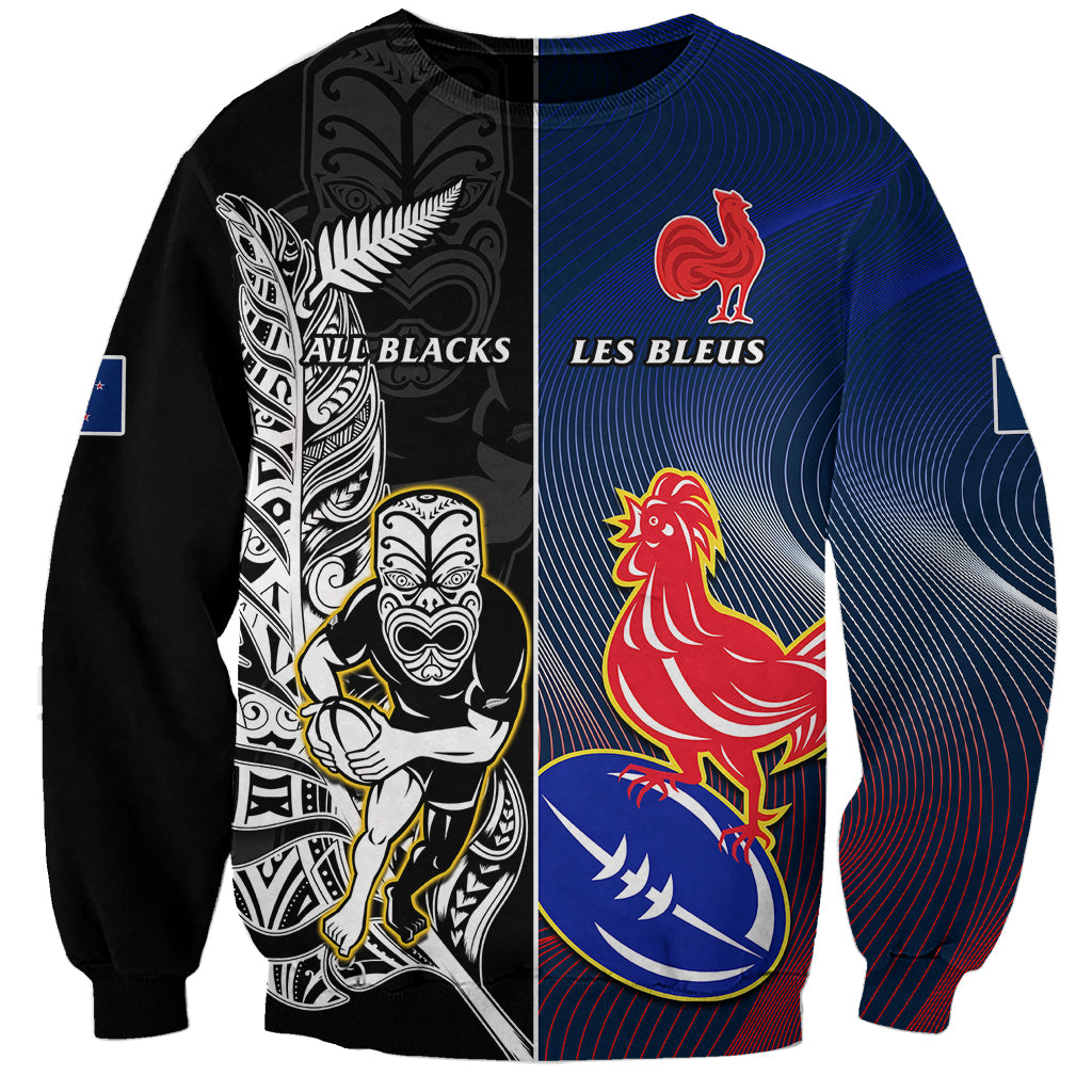 Custom New Zealand And France Rugby Sweatshirt All Black With Les Bleus Together 2023 World Cup LT14 Unisex Black - Polynesian Pride