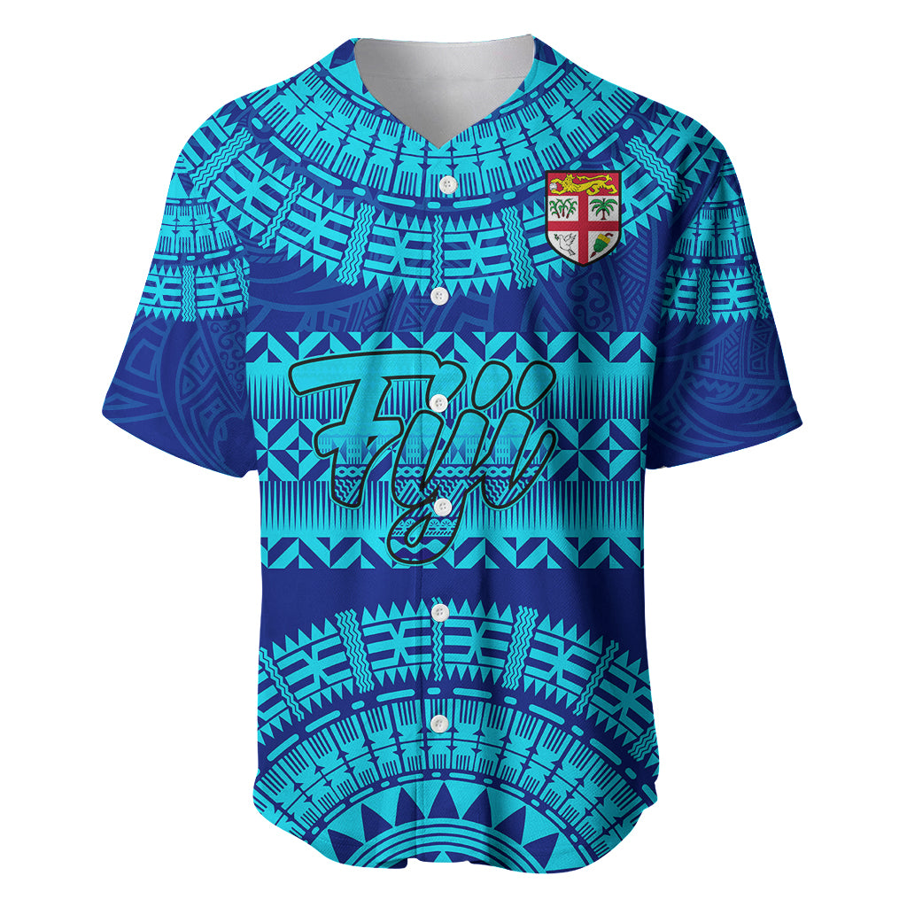 Personalised Fiji Baseball Jersey Unique Fijian Tapa Pattern With Coat Of Arms LT14 Blue - Polynesian Pride