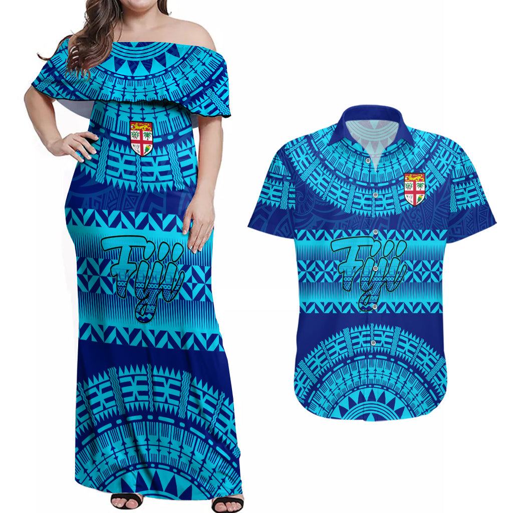 Personalised Fiji Couples Matching Off Shoulder Maxi Dress and Hawaiian Shirt Unique Fijian Tapa Pattern With Coat Of Arms LT14 Blue - Polynesian Pride