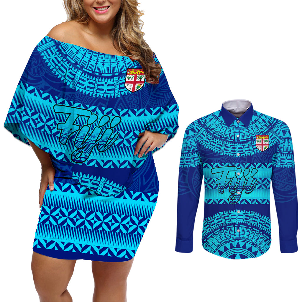 Personalised Fiji Couples Matching Off Shoulder Short Dress and Long Sleeve Button Shirts Unique Fijian Tapa Pattern With Coat Of Arms LT14 Blue - Polynesian Pride