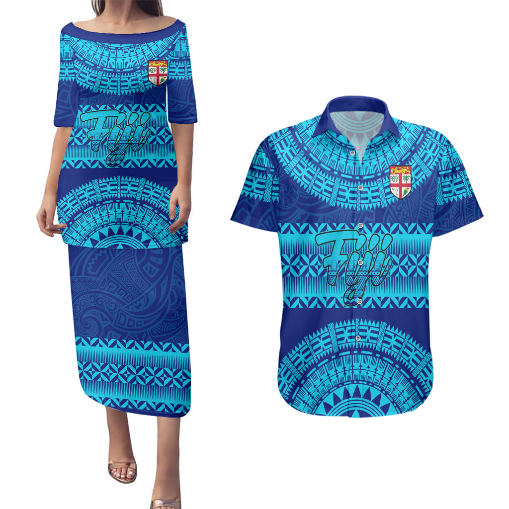 Personalised Fiji Couples Matching Puletasi Dress and Hawaiian Shirt Unique Fijian Tapa Pattern With Coat Of Arms LT14 Blue - Polynesian Pride